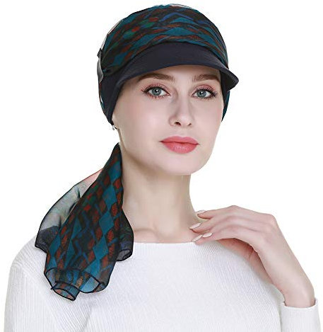 Newsboy Cap für Damen, Chemo-Kopfbedeckung mit Schal, Haarausfall, ganzjährig erhältlich, Marineblau, Einheitsgröße