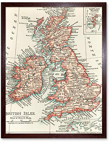 Artery8 Map Rand McNally 1900 British Isles Ireland UK Chart Art Print Framed Poster Wall Decor 12x16 inch Karte britisch Insel Irland Großbritannien Wand Deko