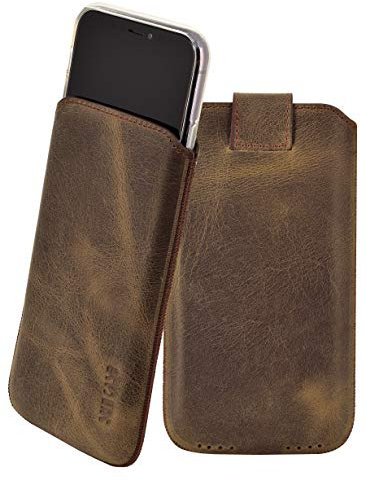 Suncase ECHT Leder Tasche kompatibel mit iPhone 11 (6.1) mit ZUSÄTZLICHER Transparent Hülle | Schale | Silikon Bumper Handytasche (mit Rückzugsfunktion und Magnetverschluss) in antik braun