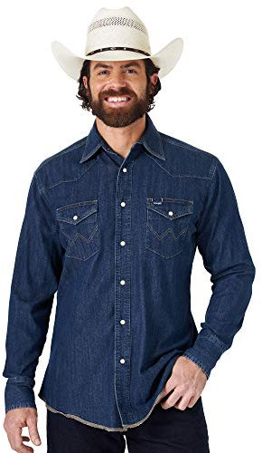 Wrangler Men's Cowboy Cut Western Long Sleeve Snap Work Shirt Washed Finish, Dark Denim, 2X Tall