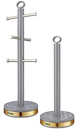 Tower T826092GRY Empire Mug Tree and Towel Pole Set, Stainless Steel, Anti-Slip, Grey and Brass