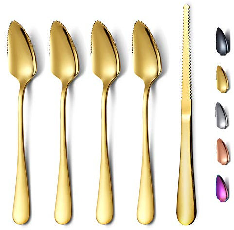 HOMQUEN Gold Grapefruit Löffel 5 Stück Set, 4 Edelstahl Grapefruit Löffel und 1 Grapefruitmesser mit Titanbeschichtung, Grapefruit Utensil Set, gezackte Kanten Löffel Packung mit 5 Stück (Gold)