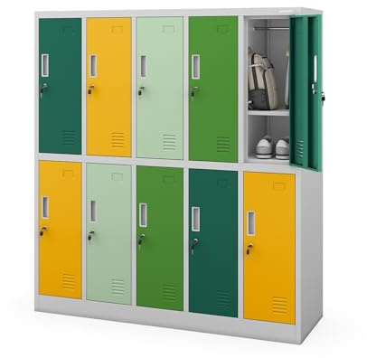 Jan Nowak Schließfachschrank Metall 10 Fächer Schulschrank 150x136x45 cm | Wertfachschrank, Garderobenschrank, Stahlspind abschließbar, pulverbeschichtet, für Schule, Kindergarten, Umkleide