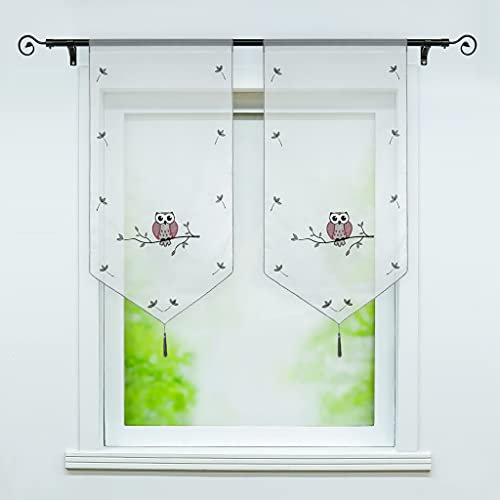 Joyswahl EDA 1 Pièce Rideau Brise-Bise Transparent Gris LxH 40x60cm Broderie de Hibou Frange à Pompon Passe Tringle Décoration de Cuisine Chambre Salon Court Voilage