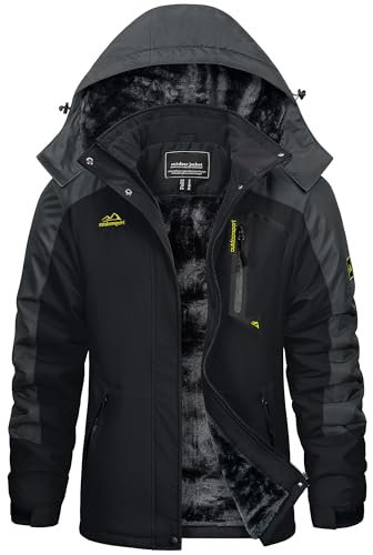 KEFITEVD Damen Winterjacke Warm Herbst Jacke mit Kapuze Langarm Windjacke mit Reißverschluss Thermo Fleece Skijacke Damenjacke Schwarz-Dunkelgrau XXL