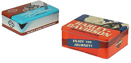 Harley-Davidson Metal Storage Tins Containers, Embossed Vintage Graphics Set of 2
