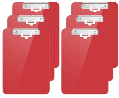 Hnogri Kunststoff-Klemmbrett 6er-Set, Standard A4 Letter Size Klemmbretter für Studenten, Büro und Frauen, Zwischenablage mit Stifthalter und Low Profile Clip, Größe 16,5 x 9 Zoll, (Rot)