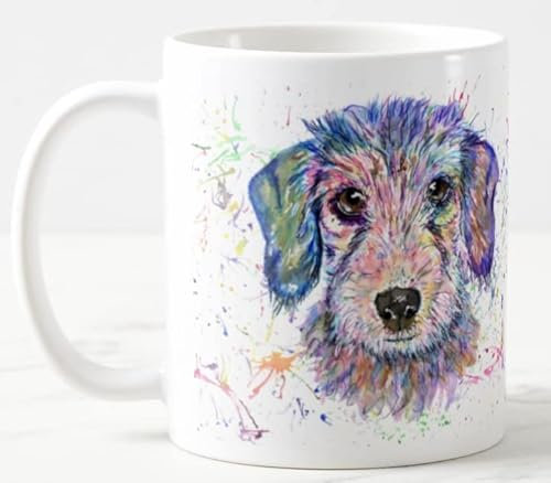 Vixar Dachshund Wire haired Sausage Tecle Dog Pet Watercolour Art Coloured Mug Cup Gift Birthday Work Office Christmas Tea Coffee (White)