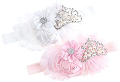 Nishine Cerchietto per capelli da battesimo in tessuto elasticizzato per neonato, confezione da 2 pezzi (bianco/rosa)