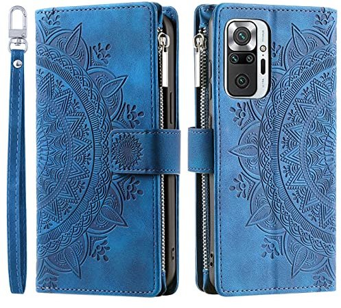 VEEMOS Handyhülle für Xiaomi Redmi Note 10 pro hülle Klappbar Blumen Handytasche Schutzhülle Klapphülle mit Kartenfach Handy Tasche Book Cover Flip Case Ständer - Blau