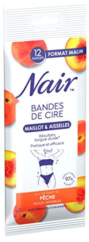 NAIR - Bandes De Cire Froide Maillot & Aisselles, Peaux Sensibles, à l'Extrait de Pêche, 97% d'Origine Naturelle, Format Malin 12 Bandes