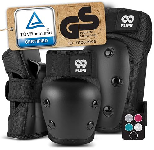99FLIPS Protecciones Patines Adulto y Jóvenes - Protecciones Skate Adulto Set con Rodilleras y Coderas - como Equipo de Protección Skateboard - rodilleras patines - DIVE Talla M Negro