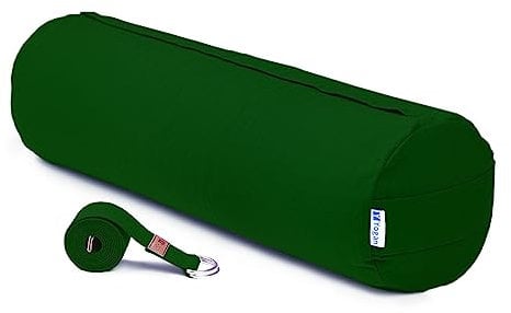 Yogan Yoga Bolster with a Yoga Belt/Strap | Natural Buckwheat Hulls Filling | Outer Cover (Could be Removed and Washed) - Made of 100% Organic Cotton (Natural Green)