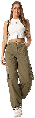 siyecaoo Hosen Damen Y2K Cargohose Leichte High Waist Hose mit weitem Bein Multi Taschen Baumwolle Wanderhose Jogginghose Freizeithose Army Green 16-Tag 46