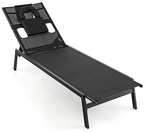 GIANTEX Lettino Abbronzante con Apertura per Viso e Fori Laterali, Sedia a Sdraio Regolabile in 5 Posizioni con Cuscino Rimovibile, Ideale per Giardino e Piscina, Lettino Estivo in Metallo