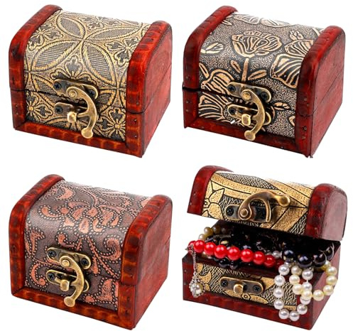 4 Mini Wooden Chests, Vintage Jewellery Box Mini Pirate Chest with Lid | Decorative Treasure Box for Jewellery Home Decoration (4 Styles)
