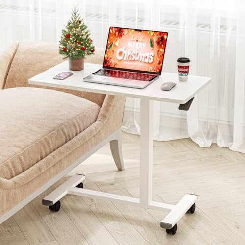 Dripex Pneumatic Height Adjustable Overbed Bedside Table with Wheels, 80 × 40 cm Standing C Shaped Laptop Desk, Small Rolling Bed & Sofa Side Table for Bedroom Living Room (White)