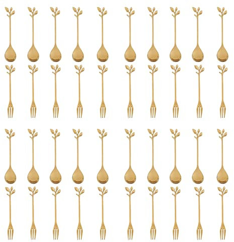 Niniang 20 cucharas + 20 Forks de acero inoxidable hoja café pastel cuchara tenedor cucharas postre doradas