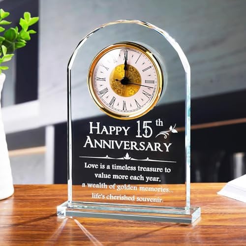 Movdyka Crystal 15th Aniversary Desk Clock Gifts Wedding for Him Married Couples Ornaments for Living Room Keepsake 15 Years of Marriage Presents for Wife Table Decor