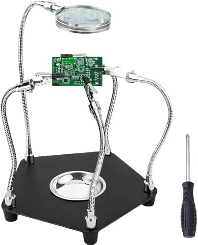DYDHRER Dritte Hand Löten,Magnetische Helfende Hand mit Lötkolbenständer und Robustem Metallsockel,3-Fache Lupe mit Löthilfe und 4 Verstellbaren Metallarmen für Elektronische Reparaturen, Löthilfe