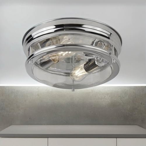 Licht-Erlebnisse Deckenleuchte Badezimmer IP44 Ø 35 cm H: 14,5 cm flach in Chrom 2x E27 Glas Metall Deckenlampe Badezimmerleuchte