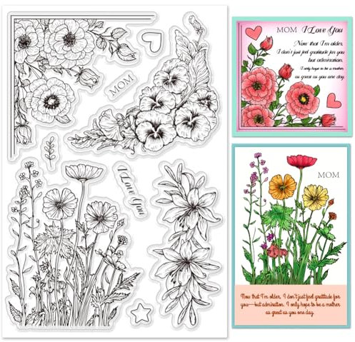 INFUNLY Transparente Stempel, Rosenstempel Für Die Kartenherstellung, 6.3x4.3 Lilie, Gummistempel, Muttertag, Mama, Ich Liebe Dich, Transparente Stempel Für DIY, Scrapbooking, Album, Basteln, Dekor