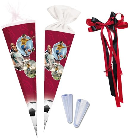 Nestler Schultüten-Set zum Befüllen, Handgemachte Zuckertüte aus Karton - Motiv Frauen-Fußball, Schultüte, Spitzenschutz, Schleife (70 cm rund)