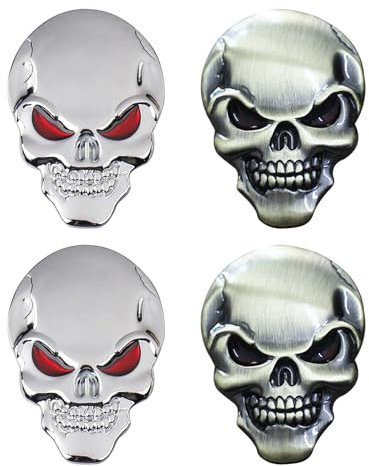 QTTRPCU 3D Metallschädel Autoaufkleber, 4 Pcs 3D Schädel Zink Legierung Metall Auto Aufkleber Schädel Emblem Abzeichen Auto Styling Aufkleber Zubehör für Auto Motorrad