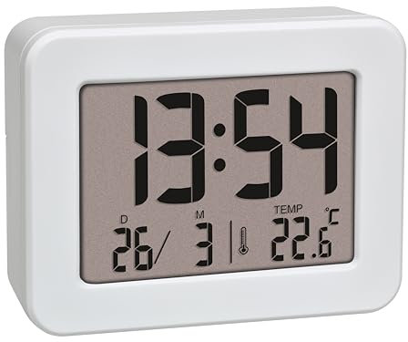 TFA Dostmann Mini Wecker mit Temperatur, 60.2044.02, Tischuhr, batteriebetrieben, inkl Datum und Weckalarm, Reisewecker, klein, weiß