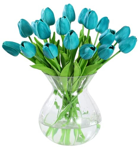 JUSTOYOU 20 STK PU Real Touch Latex Künstliche Tulpen Gefälschte Tulpen Blumen Blumensträuße Blumen Arrangement für Home Room Hochzeitsstrauß Party Herzstück Dekor(Blauer See)
