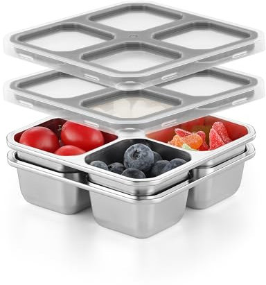 Misichao Snack Behälter Snackbox Kinder mit 4 Fächern Edelstahl Brotdose mit Grau Deckel wiederverwendbare meal prep Lunch-Behälter für Kinder und Erwachsene für Schule, Arbeit
