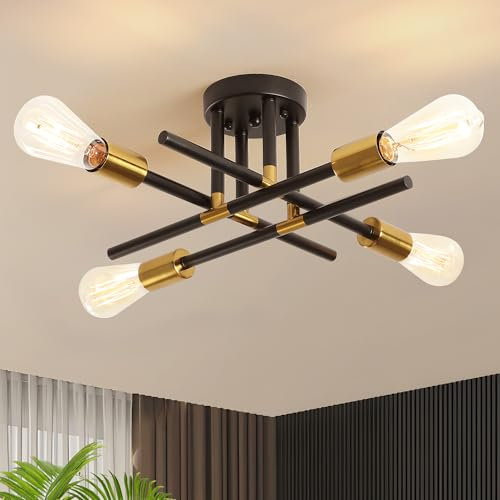 ASHUAQI Sputnik Ceiling Light, 4 Lights Modern Ceiling Lights Living Room Industrial Light Fittings Ceilings, Black and Gold Chandelier for Kitchen, Bedroom, Hallway, Lounge, Dining Room