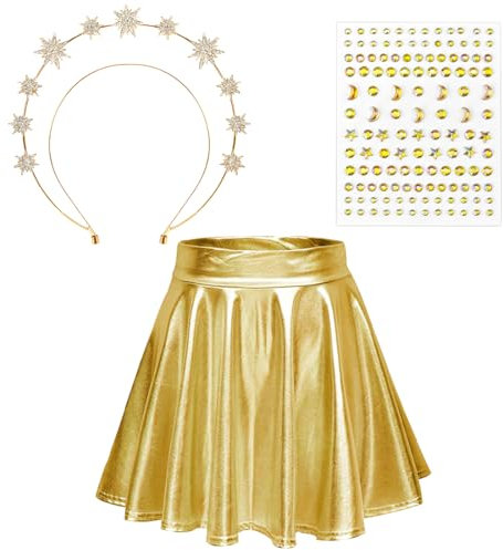 Sprinlot Gold Metallic Rock Damen, Haarreif Sterne Gold, Gold Glitzer Tüllrock L, Glänzender Rock mit Haarreif Damen Karneval Fasching