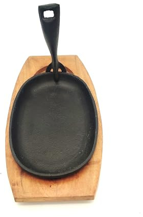 Heavy Duty 31cm x 15cm CAST Iron Oval Sizzler Platter Set, Sizzling Plate + Wooden Base + Removable Handle Commercial USE - Long Lasting