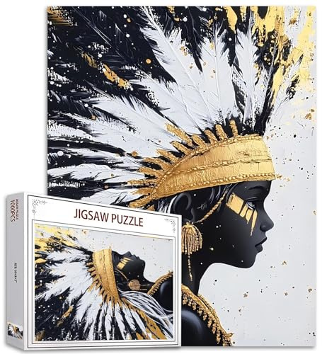 Schwarzes weißes und goldenes indianisches Jungenpuzzle 1000 Stücke Puzzles für Erwachsene, abstrakte Kunstwerke Puzzles für herausfordernde Familienaktivitätsspiele DIY Puzzle für Hauswanddekoration
