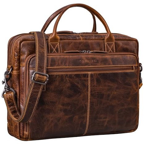 STILORD 'Zenon' Leder Aktentasche Laptoptasche 15.6-16 Zoll - Business Umhängetasche Groß - Ledertasche DIN A4 Dokumententasche - Arbeitstasche Echtleder Herren & Damen, Farbe:luino - braun