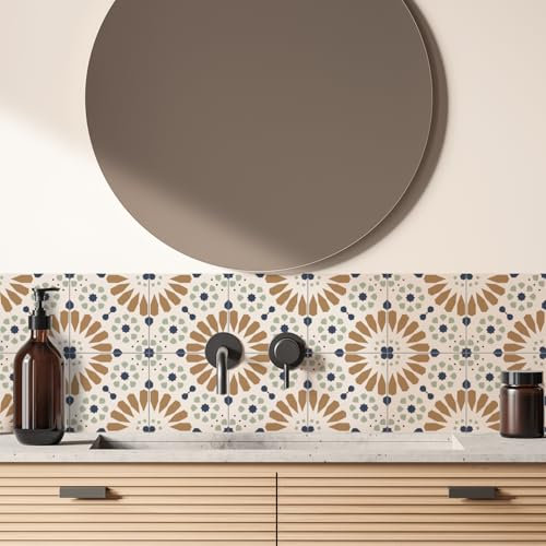 Mosaikfliesen Braun Bohemian Green Fliesenaufkleber PVC Hitzebeständig Klebefliesen Küche Bad Wasserdicht Tile Sticker Ölfest Selbstklebende Fliesen Badezimmer Küchenrückwand 20x20cm/24 Pcs