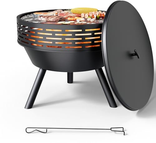 Teisaiko Feuerstelle für den Außenbereich, 58,4 cm, mit Deckel und Grill, robuste Holzfeuerstelle für den Außenbereich, mit Funktionen für Grill, Gusseisen-Feuerschale, Tisch für Terrasse, Hinterhof,