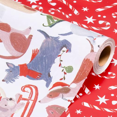 Wikadlik Weihnachts-Geschenkpapierrolle – 43 cm x 10 m – niedlicher weißer Hund, rotes Zuckerstangen-Design, Geschenkpapier für den Winter, festliche Partys