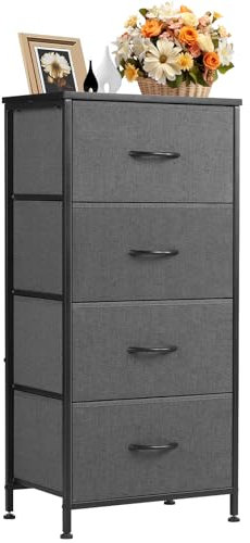DUMOS Kommode mit Schubladen - Kommoden & Sideboards für Schlafzimmer Geeignet, Komodenschrank mit 4 Schubladen, Stoffkommode mit Stabilem Stahlrahmen, Ideal für Schlafzimmer, Wohnzimmer (Grau)
