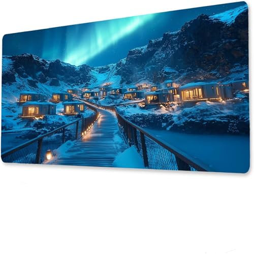Polarlicht Mauspad, Große Häuser Schreibtisch Matte, Gaming Mousepad XXL 1200x600x3mm, Anime Gaming Tastatur Matte, rutschfeste Gummibasis, Wasserdicht mauspad, für den Heim- Bürogebrauch G-5