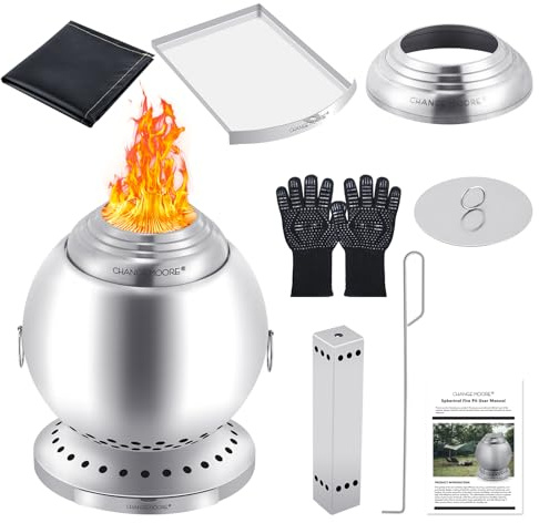 CHANGEMOORE Rauchfreie Feuerschale Ø29cmmit Dreifachverbrennung 150% Effizienz, Kugel-Feuertonne mit Holzvergaser & Aschelade für 360° Wärme, Garten, Terrasse, Camping (Raucharm & Tragbar), Grill