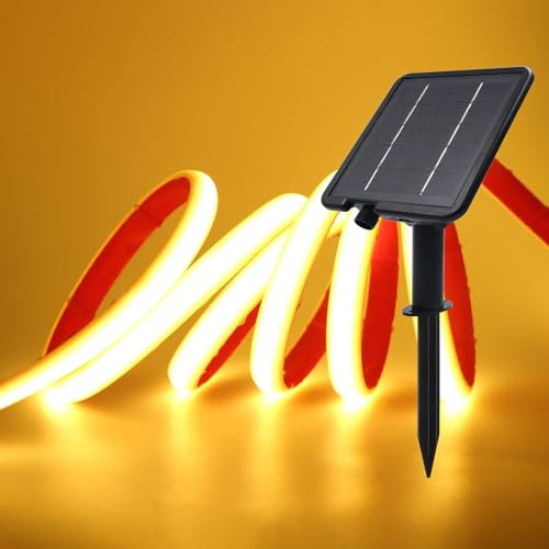 XUNATA Lumière au néon LED Solaire, Bande LED COB IP65 Etanche Néon Extérieur, 8 modes, 320 LEDS/M Flexible Bande lumière pour Clôture, Jardin & Cour (Blanc chaud, 3M)