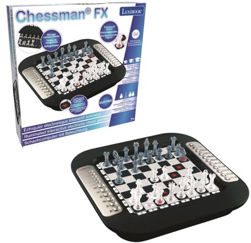 Lexibook Chessman® FX, Elektronisches Schachspiel mit Berührungstastatur und Licht- und Soundeffekte, 32 Stück, 64 Schwierigkeitsgrade, Familienbrettspiel, Schwarz/Silber, CG1335LXB