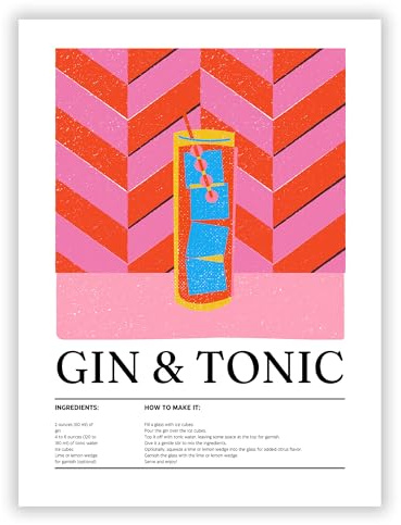 Druck-Palast Gin Tonic Poster - Cocktail Zutatenliste und Zubereitungsanleitung - 30x40cm - Kunstdruck Poster - Küche Bar - Verspielt Modern Bunt - Hochwertiger semimatter Druck