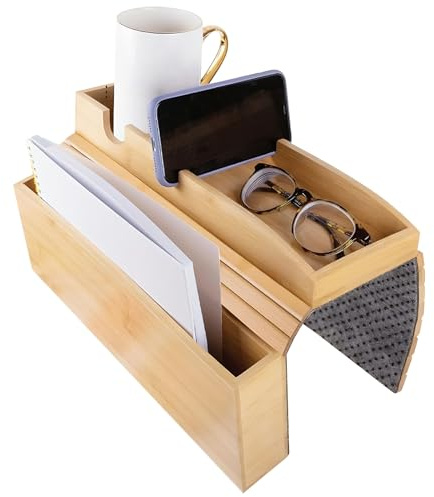 Carrito plegable de bambú para sofá con portavasos, organizador portátil de bandeja para brazo de sofá para controles remotos, teléfono, refrigerios, se adapta a la mayoría de los reposabrazos de sof
