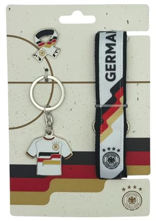 Am Ball Com DFB Nationalmannschaft Fan Set DREI Teilig Schal Anstecknadel, Deutschland Trikot Schlüsselanhänger und Deutschland Schlüsselband, Detailgetreu, Fanaartikel, Geschenk für Männer