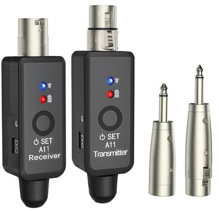 Set di trasmettitori e ricevitori per microfono wireless, sistema microfonico XLR da 2,4 GHz con adattatori da 6,35 mm, adattatore wireless a bassa latenza per microfoni dinamici e strumenti musicali