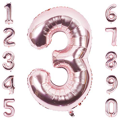 Rose Gold 3 Balloon 40 Inch Giant Helium Foil Number 0 to 9 Rose Gold Balloon Birthday Wedding Party Digital Decorations Number 3