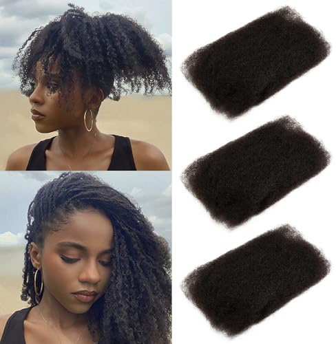 FASHION IDOL Afro Kinkys Bulk Echthaar für Dreadlock Extensions 40CM 3 Packungen 150 Gramm natürliche schwarze Loc Reparatur Afro Kinky Flechten Echthaar für Locs 5.3 Oz